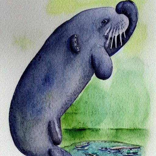 Prompt: cute manatee drinking tea detailed watercolor and colored pencil painting 4 k