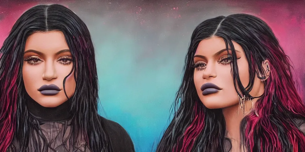 Image similar to hyper realistic kylie jenner on a tomorrow land stage in the style of a slipknot album cover, minimal art style, highly detailed, intricate, digital painting, artstation, 3 5 mm film grain