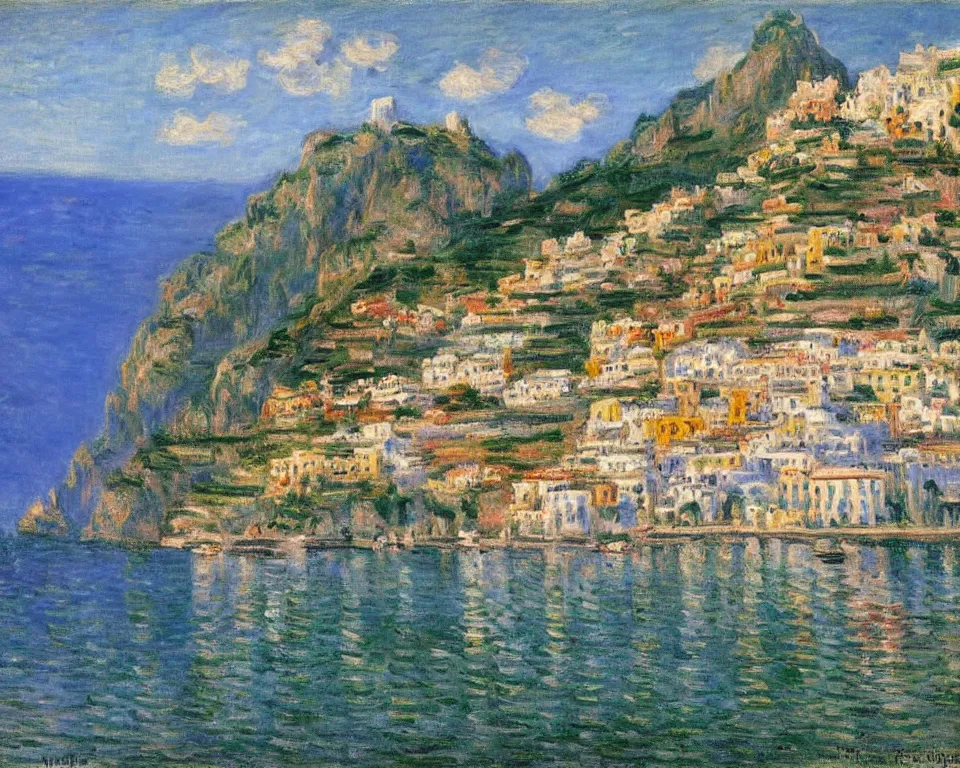 Prompt: picturesque Italian village on the amalfi coast by Monet and Hopper.