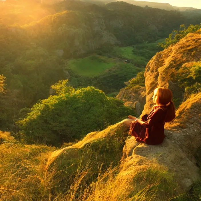 Prompt: Anime Girl Sitting on Edge of Cliff at a Green Valley at Sunset, Golden Hour! Trending on Artstation, Pixiv, Deviant Art!