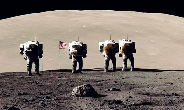 Image similar to astronauts standing on a hill on the moon dramatic harsh lighting lander in the far distance Doug Chiang Marc Gabbana earth in the far distance Anamorphic Cinematic Volumetric Lighting Epic Composition