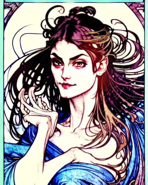 Image similar to in the style of artgerm, arthur rackham, alphonse mucha, phoebe tonkin, symmetrical eyes, symmetrical face, flowing blue skirt, full entire body, hair blowing, intricate filagree, hidden hands, warm colors, cool offset colors