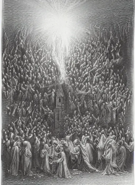 Image similar to A church burning down with angels pouring water down onto the church, painted by Gustave Dore