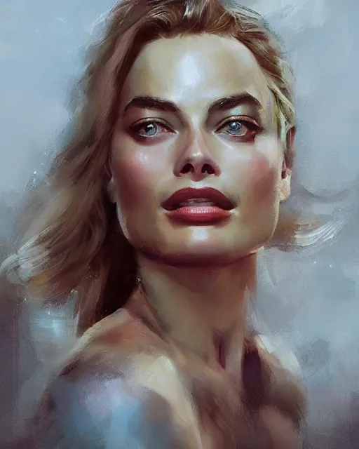 Image similar to Full view realistic portrait of actress margot robbie, masterpiece by Craig Mullins Artgerm in the style of Ruan Jia, wlop, Ross Tran, detailed and realistic, soft lighting, intricate details, realistic, full view, Artstation, CGsociety