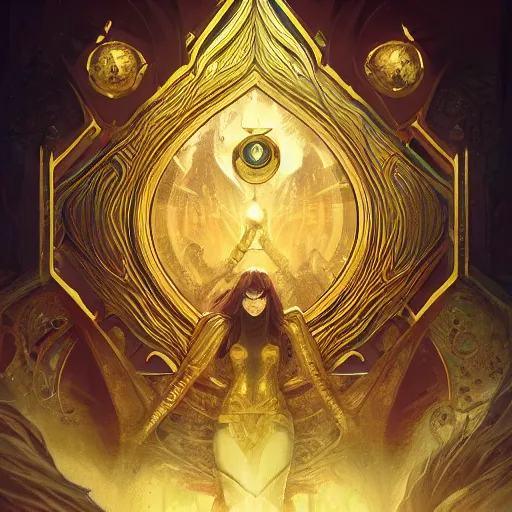 Image similar to a tarot card with symmetrically decorated edges in gold, fantasy art, in the style of greg rutkowski, illustration, epic, fantasy, cinematic, intricate, hyper detailed, artstation, concept art, smooth, sharp focus, ray tracing