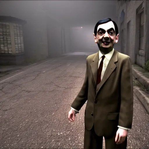 Image similar to mr. bean in silent hill. unreal engine, source engine, psx, playstation