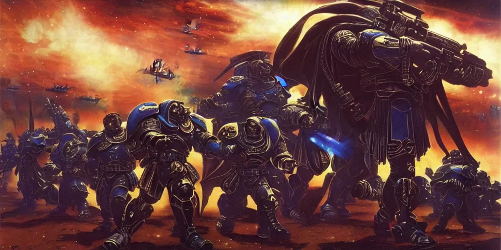 Image similar to Astartes are fighting against space orcs, huge armies, epic battle, a bunch of explosions, bullet tracers, Astartes are very well detailed, orcs are very well detailed, Photo style retro futurism art