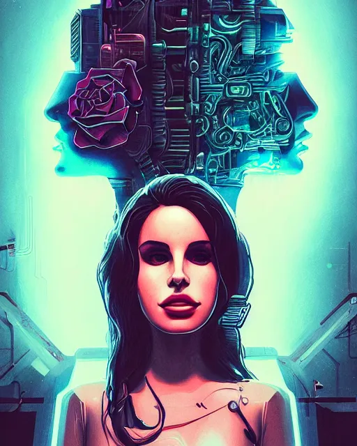 Image similar to portrait of lana del rey as a cyberpunk cyborg. sci - fi intricate abstract. intricate artwork, tear drops, roses, by tooth wu, wlop, beeple, dan mumford. concept art, octane render, trending on artstation, greg rutkowski, asymmetrical, cinematic arthouse, key art, hyper realism, iridescent accents