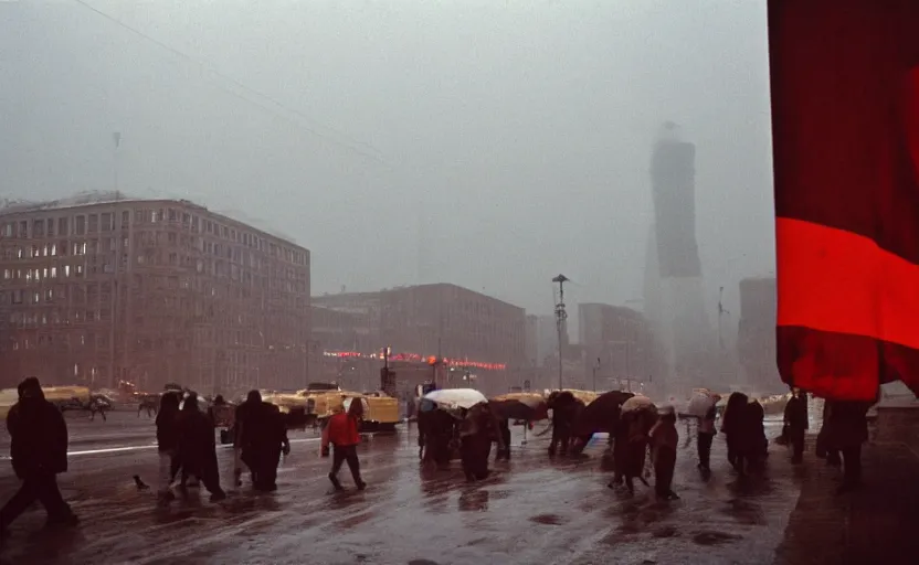 Prompt: 40s movie still of a sovietic street with pedestrians with soviet highrise in the backround , Cinestill 800t 18mm, heavy grainy picture, very detailed, high quality, 4k panoramic, HD criterion, dramatic lightning, streetlight at night, rain, mud, foggy, soviet flags