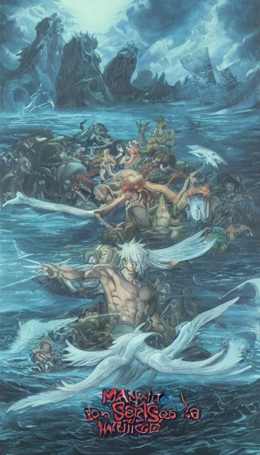 Image similar to man on boat crossing a body of water in hell with creatures in the water, sea of souls, by gainax co,