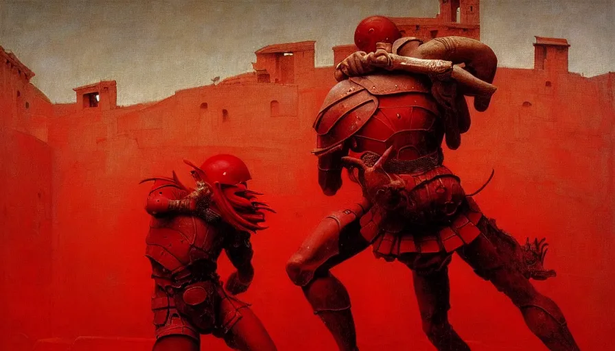 Image similar to only with red, a lightly armored gladiator in a crowded roman amphitheatre, crowd cheering, in the style of beksinski and edward hopper and rodcenko and yue minjun and cory loftis, intricate and epic composition, red by caravaggio, highly detailed, masterpiece, red light, artstation, art nouveau