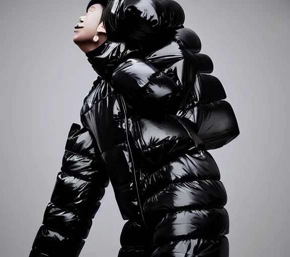 Image similar to well lit fashion shoot portrait of extremely beautiful female black marble statue wearing huge puffer jacket over size futuristic outerwear, puffer trouser, puffer jacket, puffer jacket by moncler genius, dingyun zhang, yeezy, balenciaga, vetements, sharp focus, clear, detailed, detailed, glamorous, symmetrical, vogue, editorial, fashion,