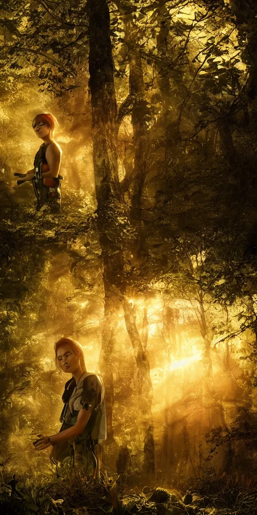 Prompt: a photorealistic cyborg, in a beautiful forest with sunshine and tropical rain clouds, golden hour, trending on theater, 4K, cinematic, cinematograhic lighting, UHD, HDR