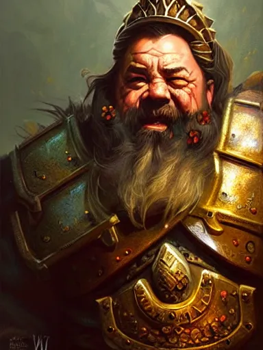 Image similar to a dwarf cleric dnd character, ornamented armor, oil painting, Tooth Wu, Greg Rutkowski, RPG portrait, dynamic lighting, fantasy art, High contrast, depth of field,