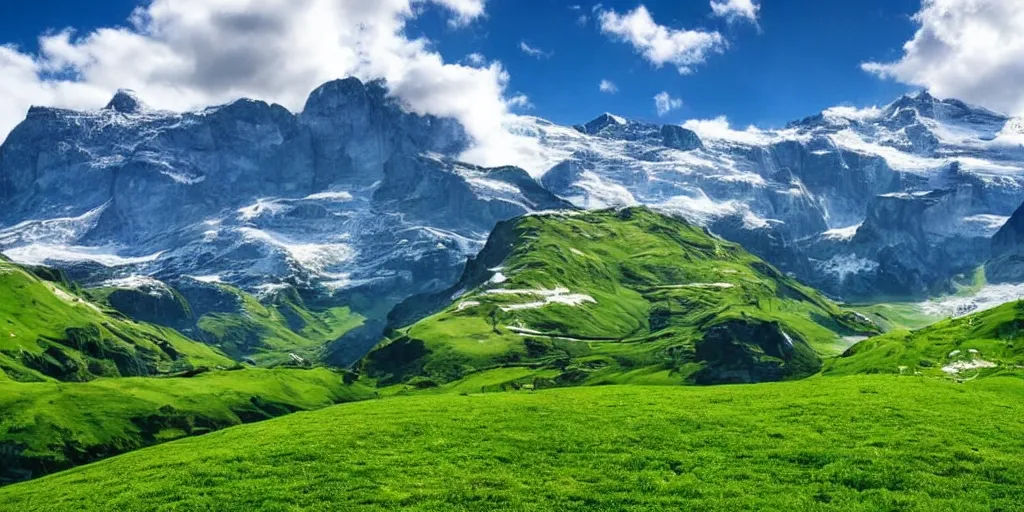 Image similar to beautiful landscape switzerland green pastures blue sky sunny snowy mountains realistic hd