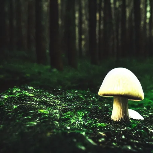Prompt: photo of a mushroom in front of an old crt monitor displaying white noise in a forest, 4 k, detailed, realistic, cinematic, gloomy lighting, shallow dof