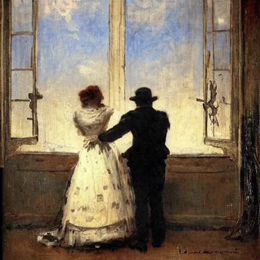 Image similar to a man and a woman solving an escape room puzzle alfred stevens