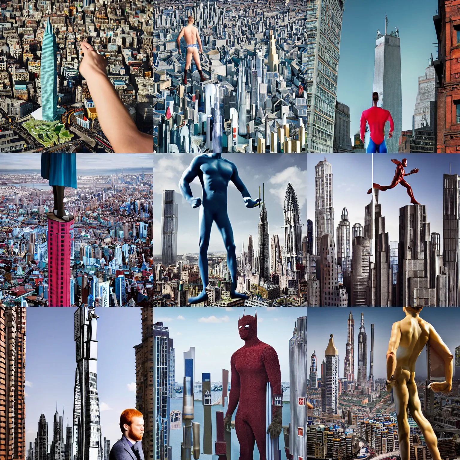 Prompt: Giant-Man towers over a model city, closeup, photography by Julia Fullerton-Batten