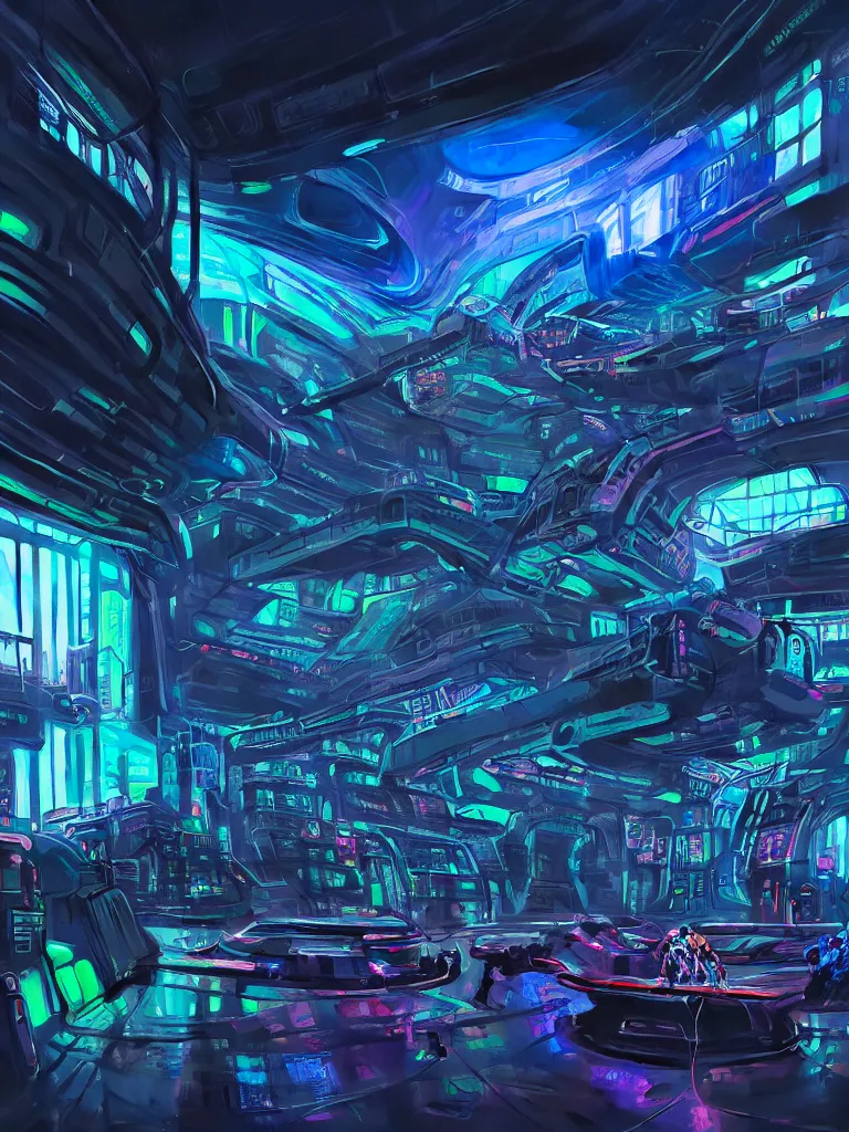 Image similar to the interior of a celestial spaceship cyberpunk hangar in a bioluminescent walls decorated beautifully, lots of cyberpunk design elements like humanoids and mecha robots, warm sunlight shining in, lots of cables and neon signs, concept art 8 k resolution, fantasy illustration, sharp focus, detailed painting, deep color, volumetric lighting, crepuscular rays