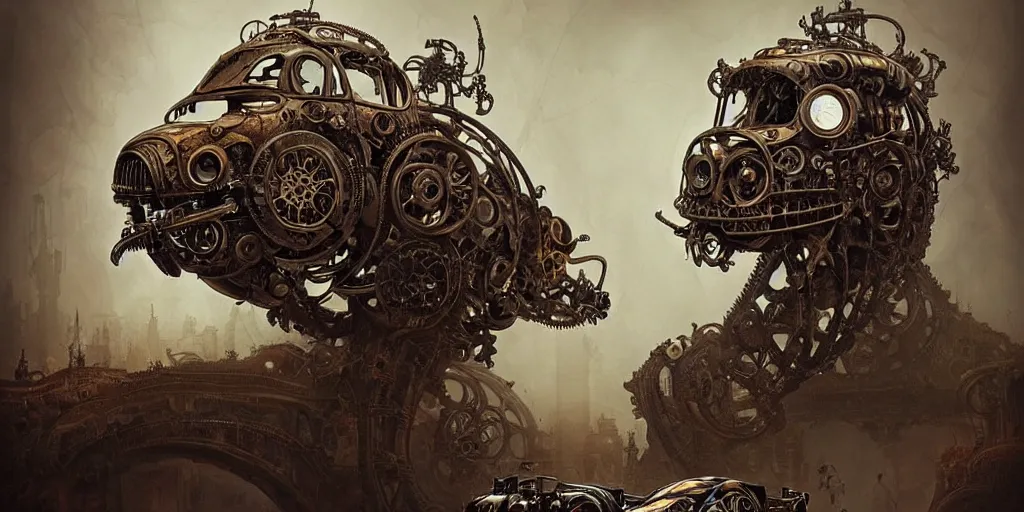 Prompt: biomechanical steampunk vehicle reminiscent of fast sportscar with robotic parts and (glowing) headlights parked in ancient lush palace, gothic and baroque, brutalist architecture, ultradetailed, creepy ambiance, fog, artgerm, giger, Intricate by Ellen Jewett and Josan Gonzalez and Giuseppe Arcimboldo