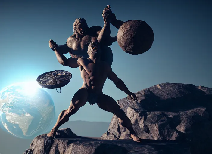 Image similar to atlas holding the world on his shoulder. Intricate. Very detailed 8k. Mythical. Mythology. Sharp. Cinematic post-processing. Unreal engine. Nanite. Ray tracing. Parallax. Tessellation