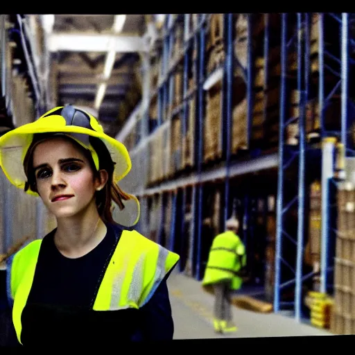 Image similar to photo, close up, emma watson in a hi vis vest, in warehouse, 2 0 0 8 android cameraphone, low contrast, 2 6 mm,