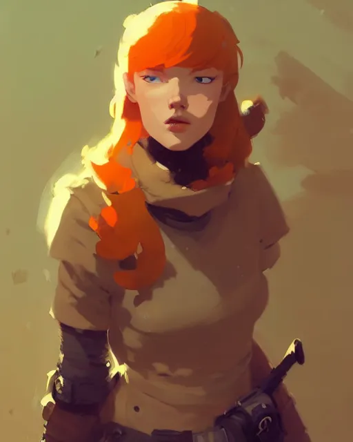 Image similar to hyper - realistic portrait of beautiful ginger female adventurer by atey ghailan, by greg rutkowski, by greg tocchini, by james gilleard, by joe fenton, by kaethe butcher, dynamic lighting, gradient light yellow, brown, blonde cream and white color scheme, grunge aesthetic