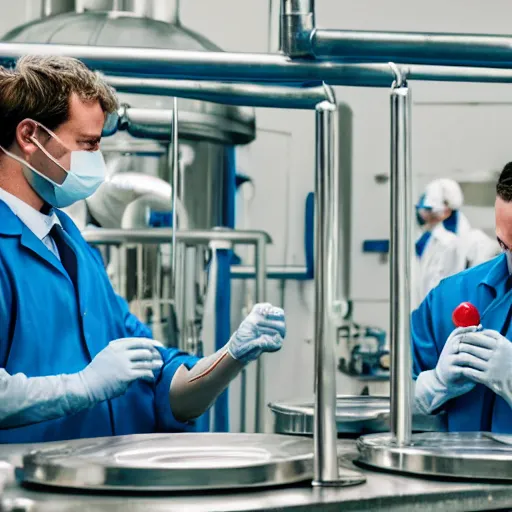 Image similar to two men in blue lab coats, pouring cannabis into metal tubes, cinematic, 4k, high detail