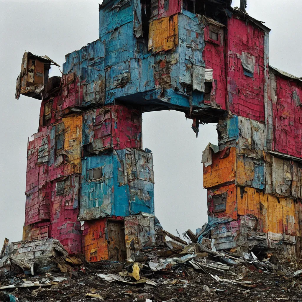 Image similar to close - up view of a tower made up of colourful makeshift squatter shacks with bleached colours, moody cloudy sky, dystopia, mamiya, f 1. 8, very detailed, photographed by bruno barbey