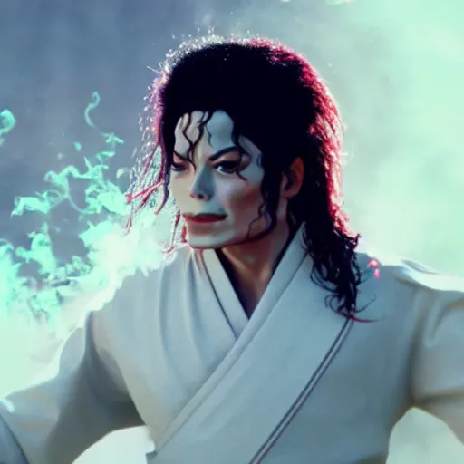 Image similar to cinematic film still of Michael Jackson starring as a Samurai holding fire, Japanese CGI, VFX, 2022, 40mm lens, shallow depth of field, film photography