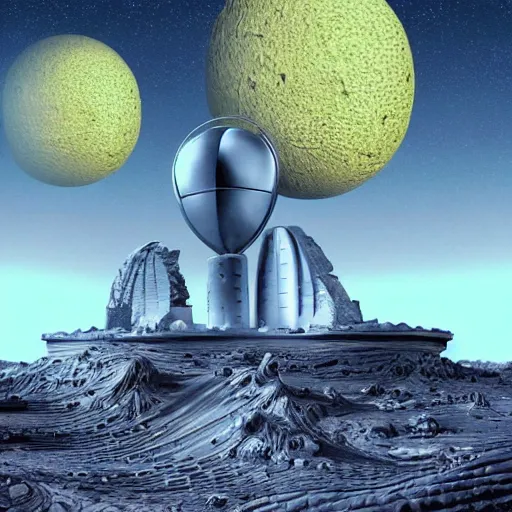 Image similar to an alien city on the moon made entirely from cheese. digital illustration. highly detailed. bizarre. seen through a telescope.