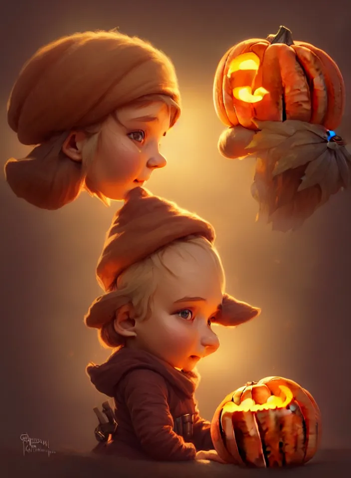 Image similar to hand drawn cute one gnomes face in autumn and pumpkin, detailed closeup face, concept art, low angle, high detail, warm lighting, volumetric, godrays, vivid, beautiful, trending on artstation, art by artgerm and greg rutkowski and alphonse mucha