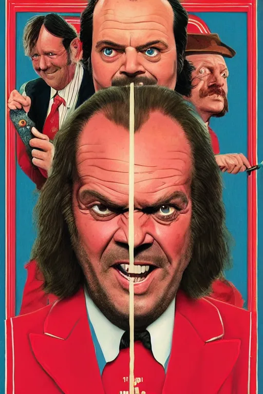 Image similar to a movie poster for the film the shining featuring a large portrait of jack nicholson's face and a fireaxe in the style of wes anderson's the grand budapest hotel.