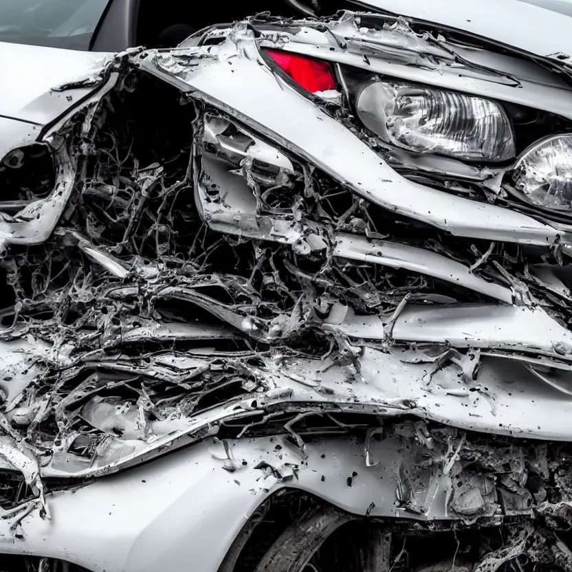 Image similar to extreme close - up of the front of my car after a crash, 4 k, highly detailed, award winning, look at all that detail!