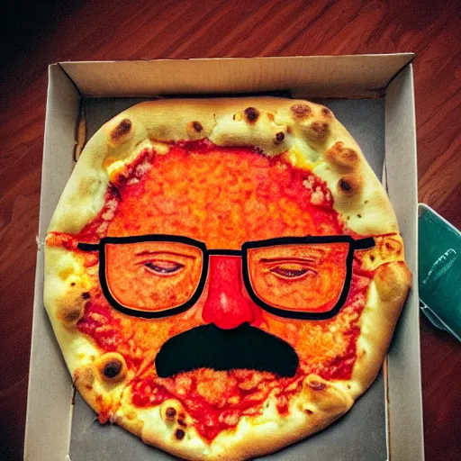 Image similar to a photo of a walter white face in a pizza, food photo, professional food photo, iphone, 4 k