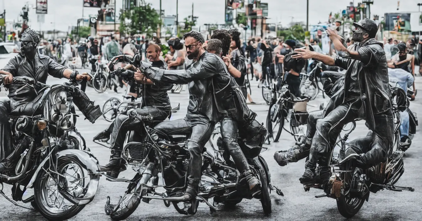 Prompt: guy looking like statue of liberty rides motorcycle