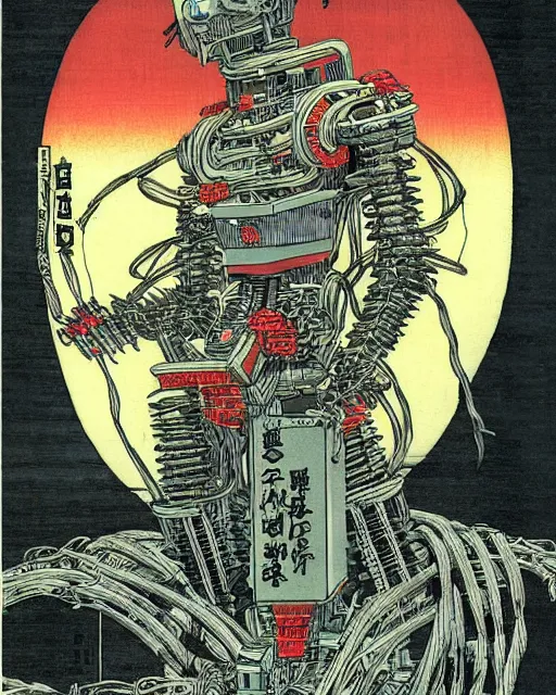 Image similar to Hiroshige portrait of a robot saint made of cables and robotic pod by Marc Silvestri