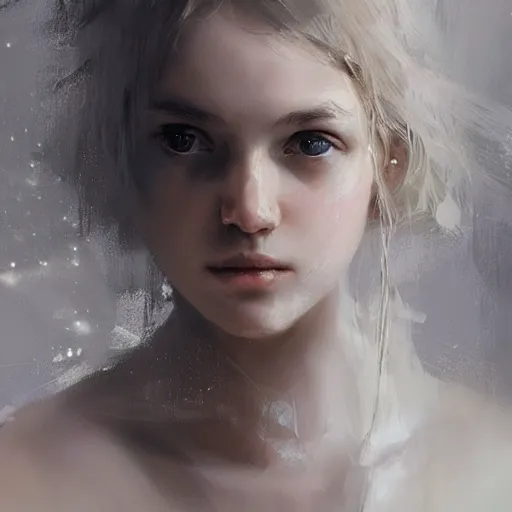 Prompt: Portrait of a girl wearing a wet white lace nightgown, intricate, highly detailed, smooth, close-up, artstation, digital illustration by Ruan Jia