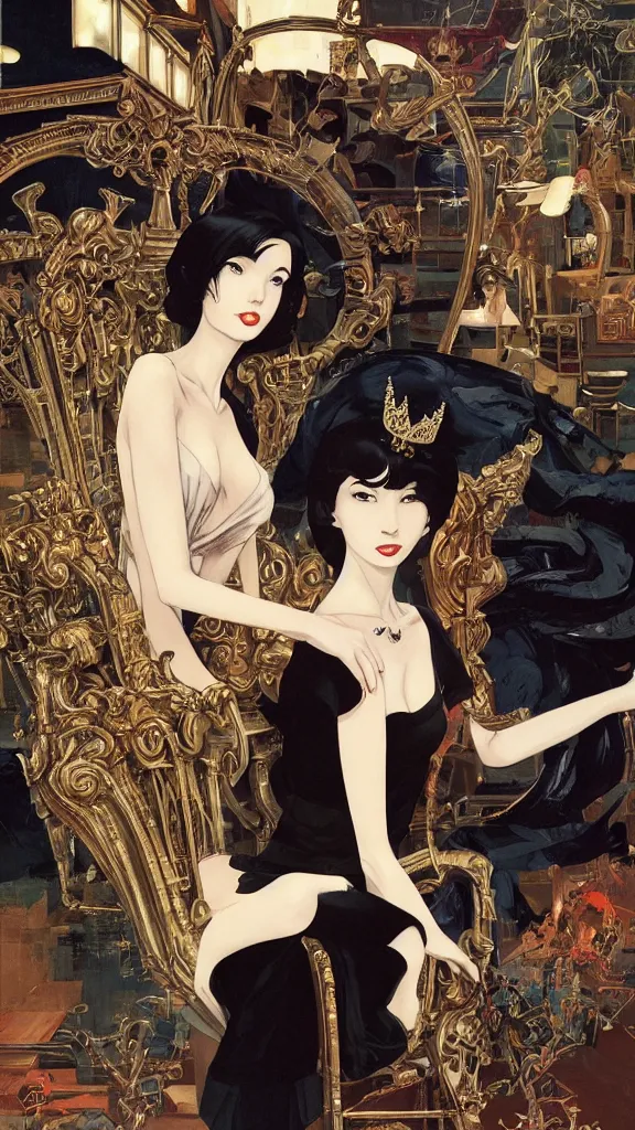 Image similar to a beautiful black haired woman with pale skin and a crown on her head sitted on an intricate metal throne new york circa 1 9 8 4 edward hopper and james gilleard, surreal, open ceiling, highly detailed, airbrush, ilya kuvshinov, wlop, stanley artgerm, very coherent, art by takato yamamoto and james jean