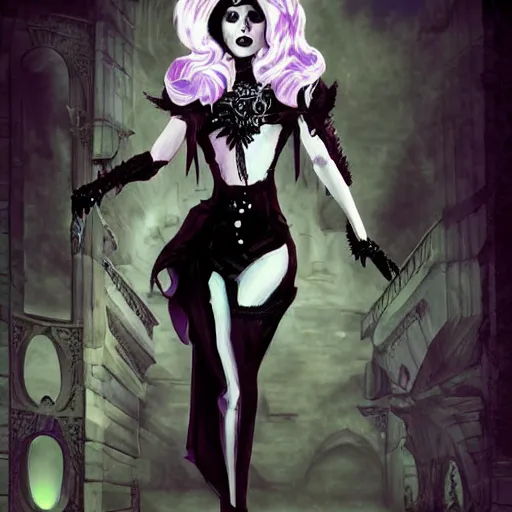 Image similar to gothic lady gaga character art, epic background, epic composition, hdr, full body gauche painting, arcane art style