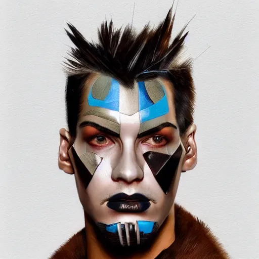 Image similar to an award finning closeup facial portrait by akseli kallen gallela luis rogyo and john howe of a handsome male cyberpunk traveller clothed in excessivelyg fashionable 8 0 s haute couture fashion and wearing a striking geometric face paint