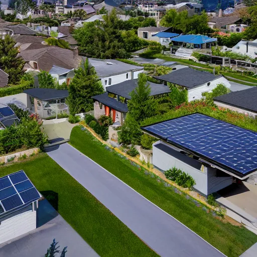 Prompt: wide angle shot of an idyllic suburban neighborhood with rooftop gardens and sustainable energy initiatives, lots of beautiful modern single family homes :: modern architecture