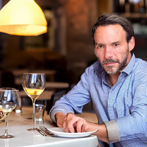 Prompt: photo of a frenchman from france seated in a restaurant in the year 2 0 2 0. 5 0 mm, studio lighting. he holds a glass of wine