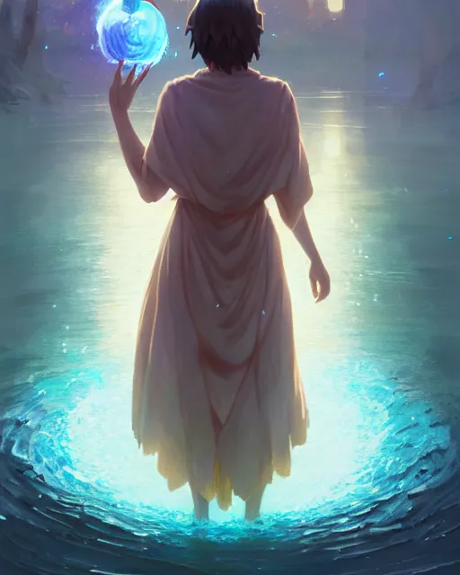 Image similar to highly detailed vfx portrait of a mage casting a water spell, unreal engine, greg rutkowski, loish, rhads, beeple, makoto shinkai and lois van baarle, ilya kuvshinov, rossdraws, tom bagshaw, alphonse mucha, global illumination, detailed and intricate environment