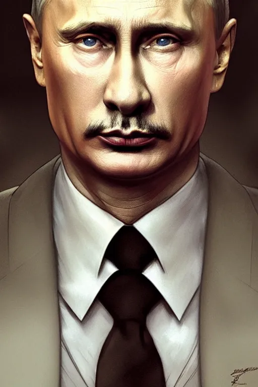 Image similar to vladimir putin as hitler, realistic portrait, symmetrical, highly detailed, digital painting, artstation, concept art, smooth, sharp focus, illustration, cinematic lighting, art by artgerm and greg rutkowski and alphonse mucha