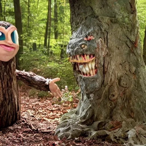 Image similar to the legend of Big Sir monster talking to a tree stump that has the face of Gilbert gottfried, film still