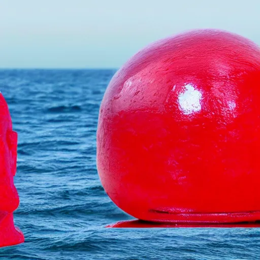 Image similar to a giant benjamin netanyahu sculpture made out of juicy red jelly on ocean surface, long shot, hyper detailed, hyper realistic, ray tracing, 8 k resolution, sharp focus, realistic water, award winning