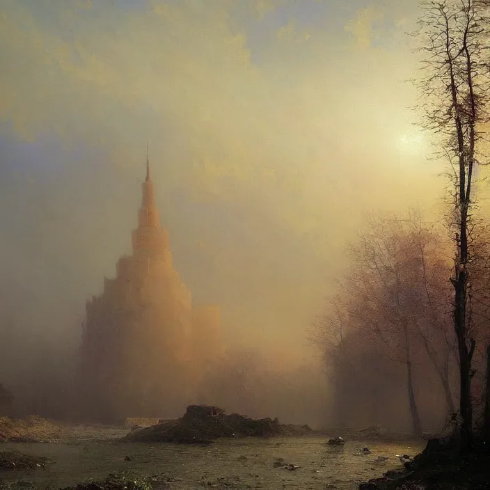 Prompt: a beautiful oil painting of prypiat by ivan aivazovsky and greg rutkowski and james gurney and frank lloyd and sung choi and monet, in style of impressionnisme. hyper detailed, sharp focus, soft light. unreal engine 5 lumen. ray tracing. trending on artstation. oil on canvas