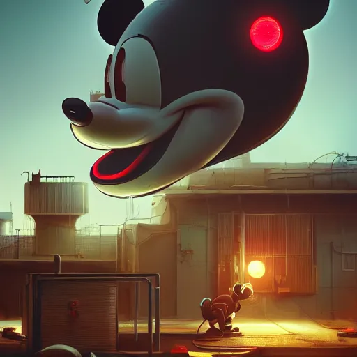 Image similar to mechanics fixing bloody mickey mouse head, mechanic facility, made by beeple, cgsociety, artgerm, greg rutkowski, highly detailed intricate 4 k art, low light cinematic, octane render, unreal engine,