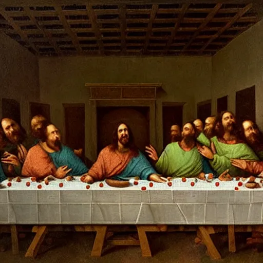 Prompt: nic cage in the last supper as painted by da vinci